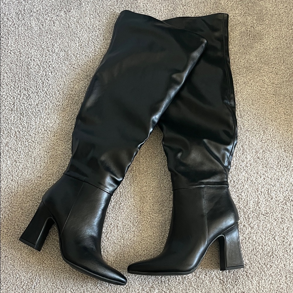 Michael Shannon Black Faux-Leather Over-The-Knee Block Heel Boots